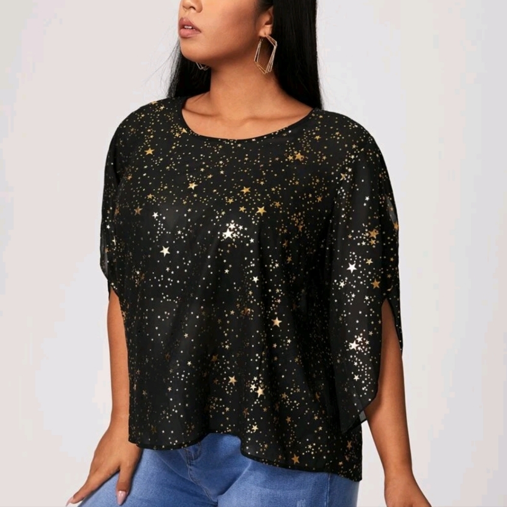 Party top.  Split sleeves.  Gold stars. New Years. Clubwear. Loose top